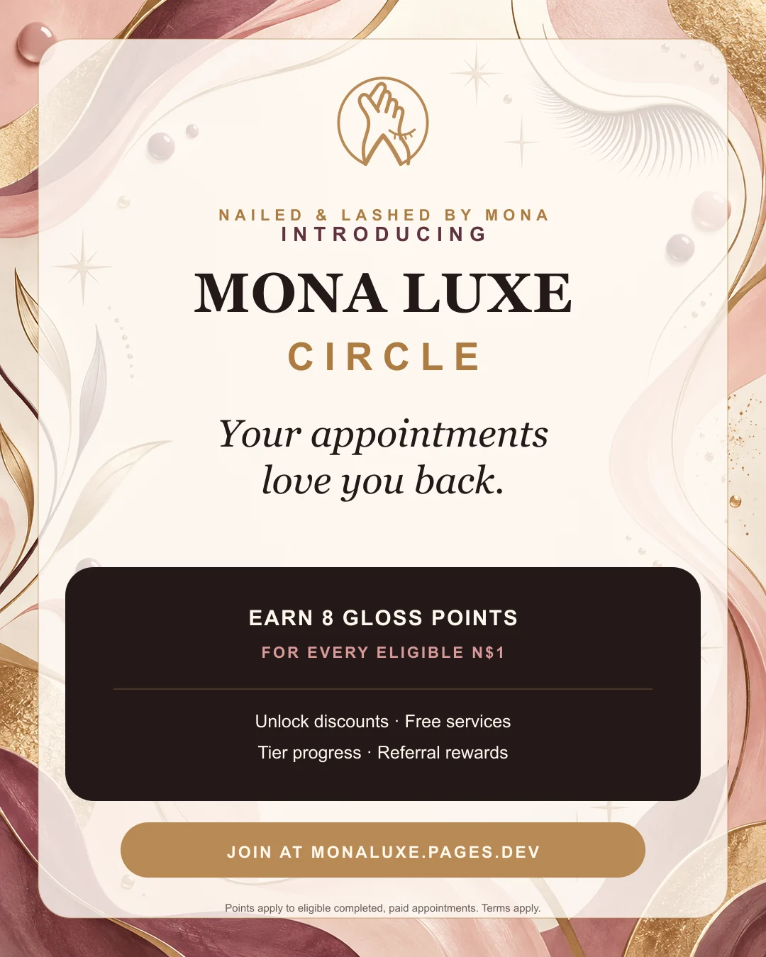 Mona Luxe Circle launch poster explaining how clients earn Gloss Points