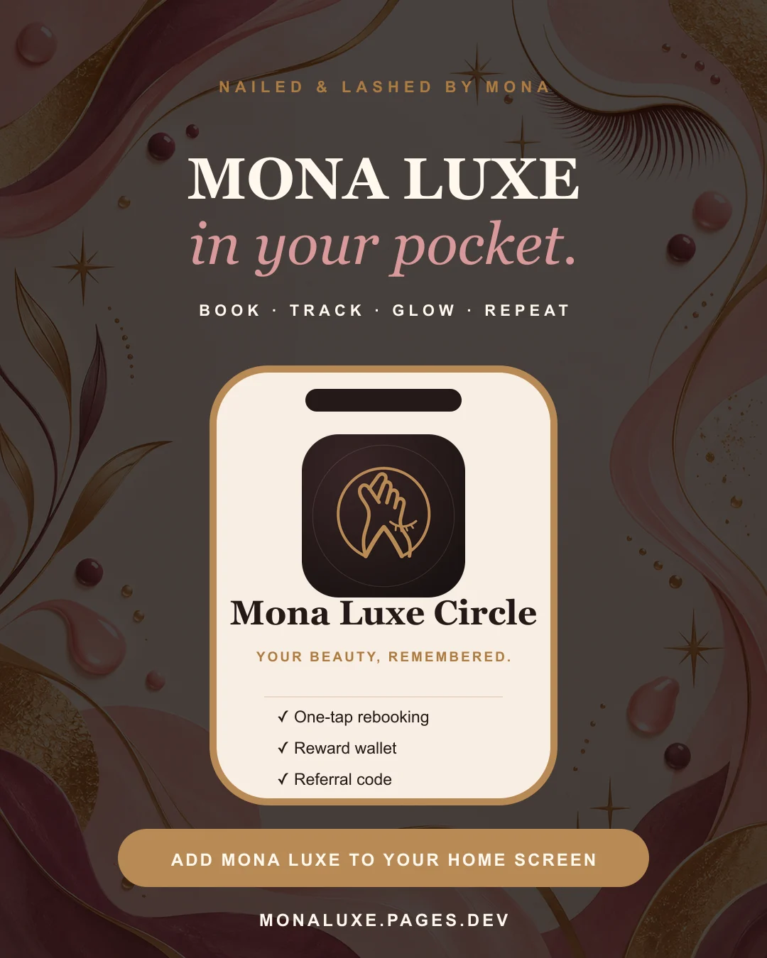Instagram poster inviting clients to install Mona Luxe for rebooking, rewards and referrals