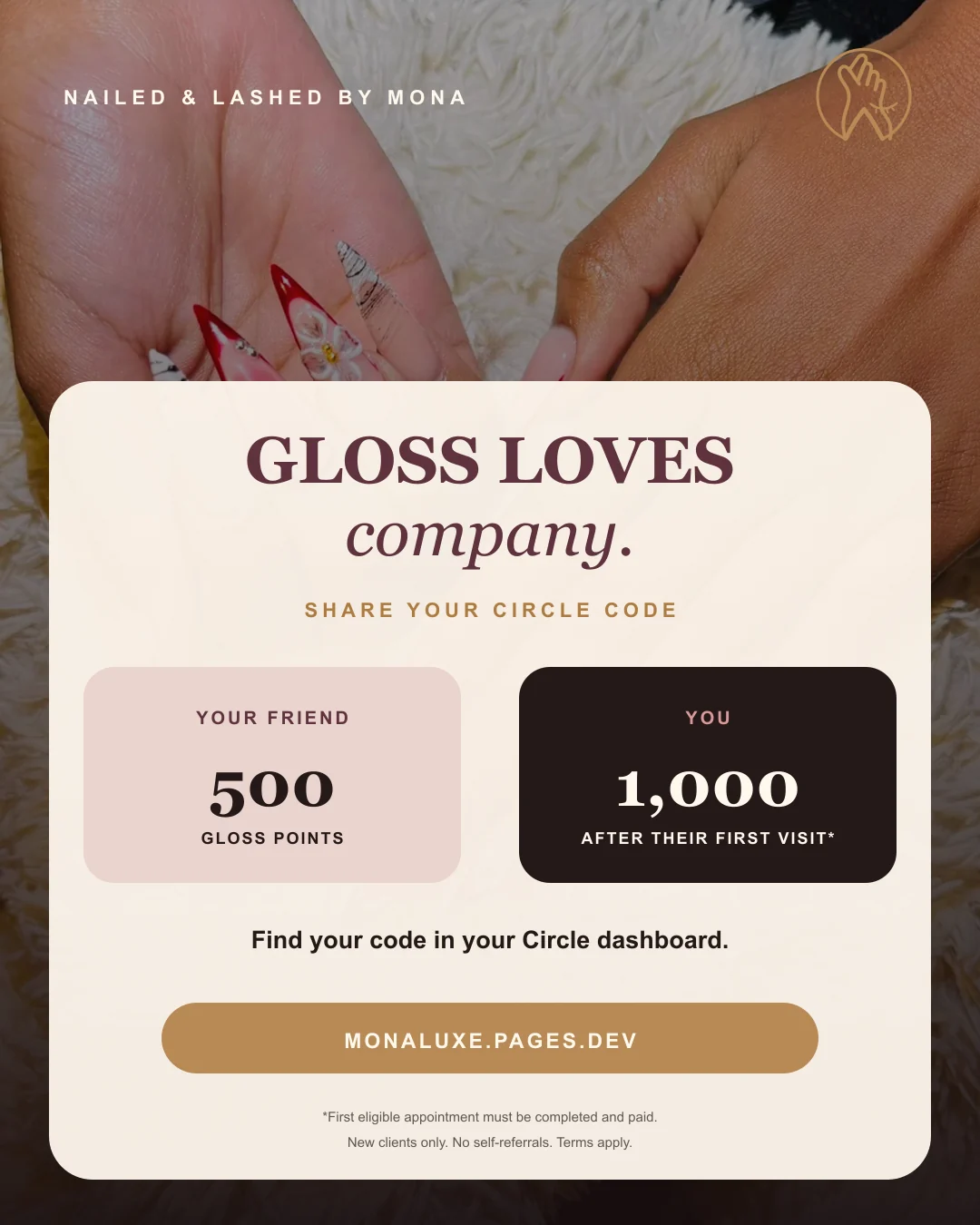 Instagram referral poster showing 500 Gloss Points for a friend and 1,000 for the referrer after an eligible first visit
