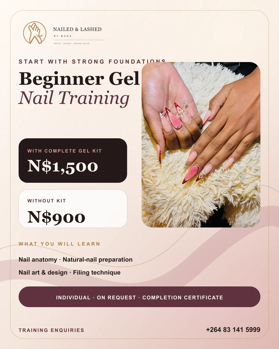 Mona Luxe beginner gel nail training campaign poster with kit and no-kit prices