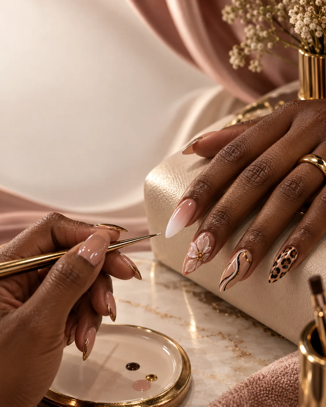 Original Mona Luxe advanced nail training campaign artwork showing detailed nail-art techniques