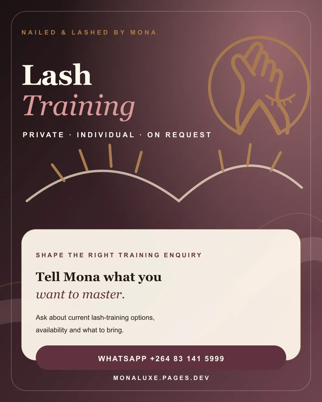 Mona Luxe lash training on-request campaign poster